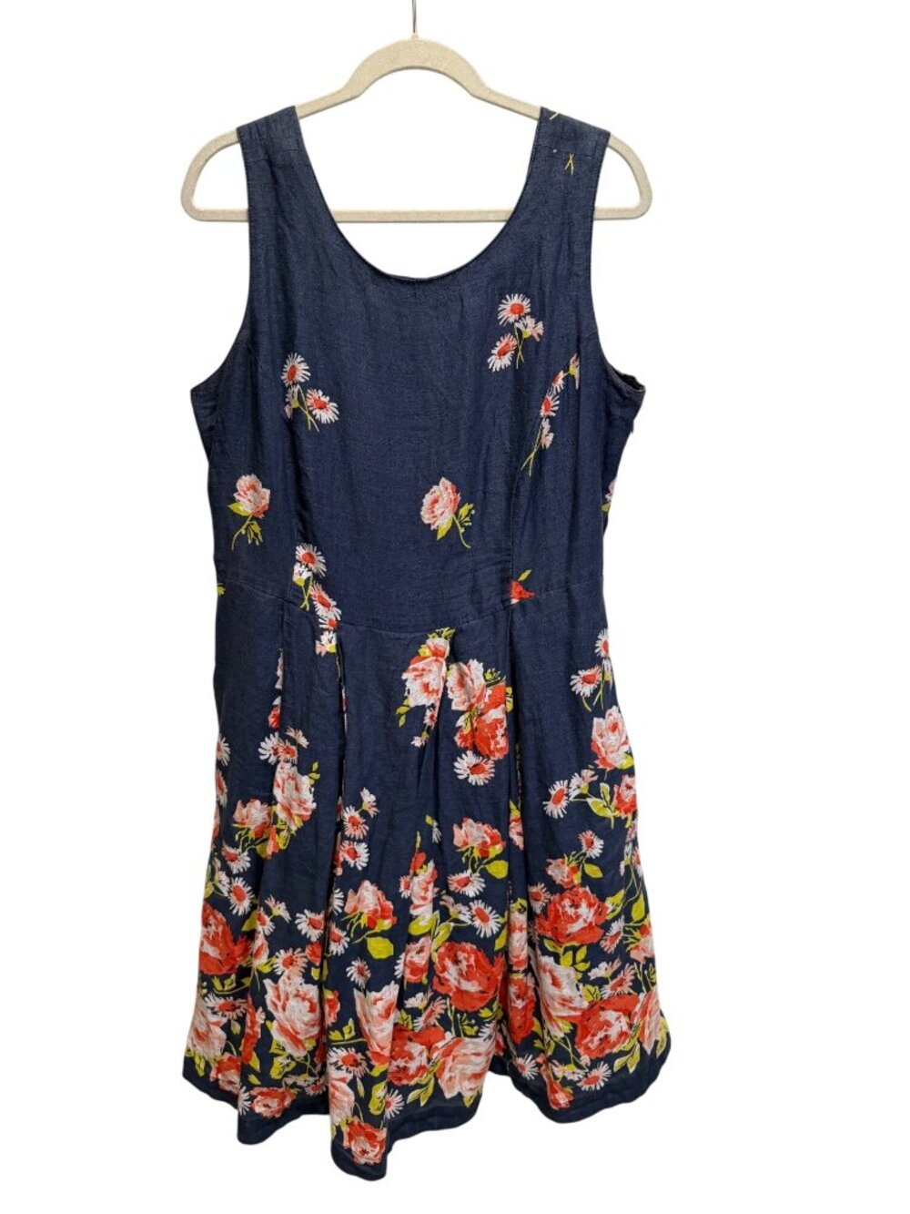 Lands End Womens Navy Sleeveless Floral Fit & Flare Dress Size 16 Cotton Blend